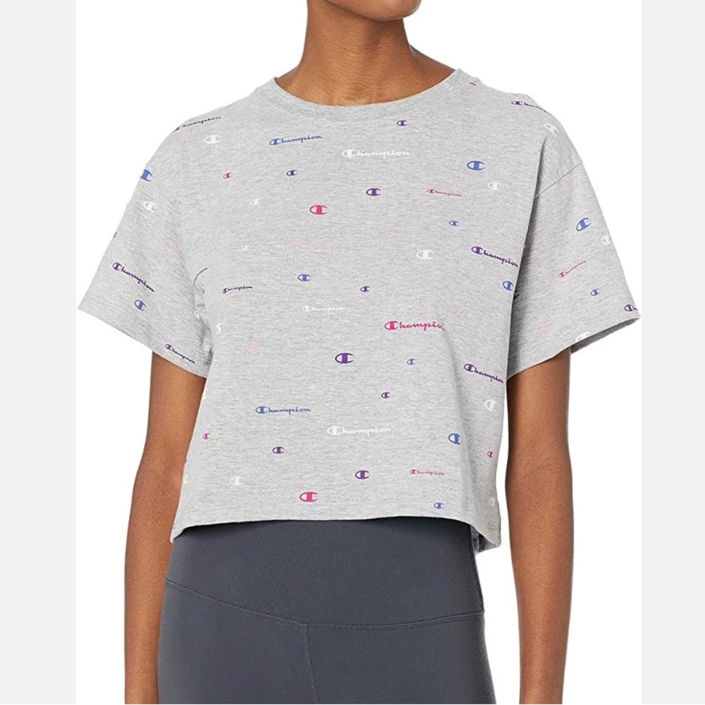 Champion Gray Multi Scattered Logos Relaxed Boxy Fit Cropped Tee XL